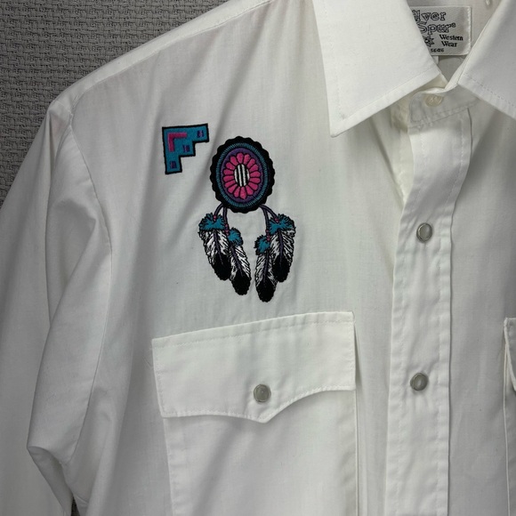Vintage Silver Spur Shirt Mens Medium White Pearl Snap Native American Western - Picture 2 of 9